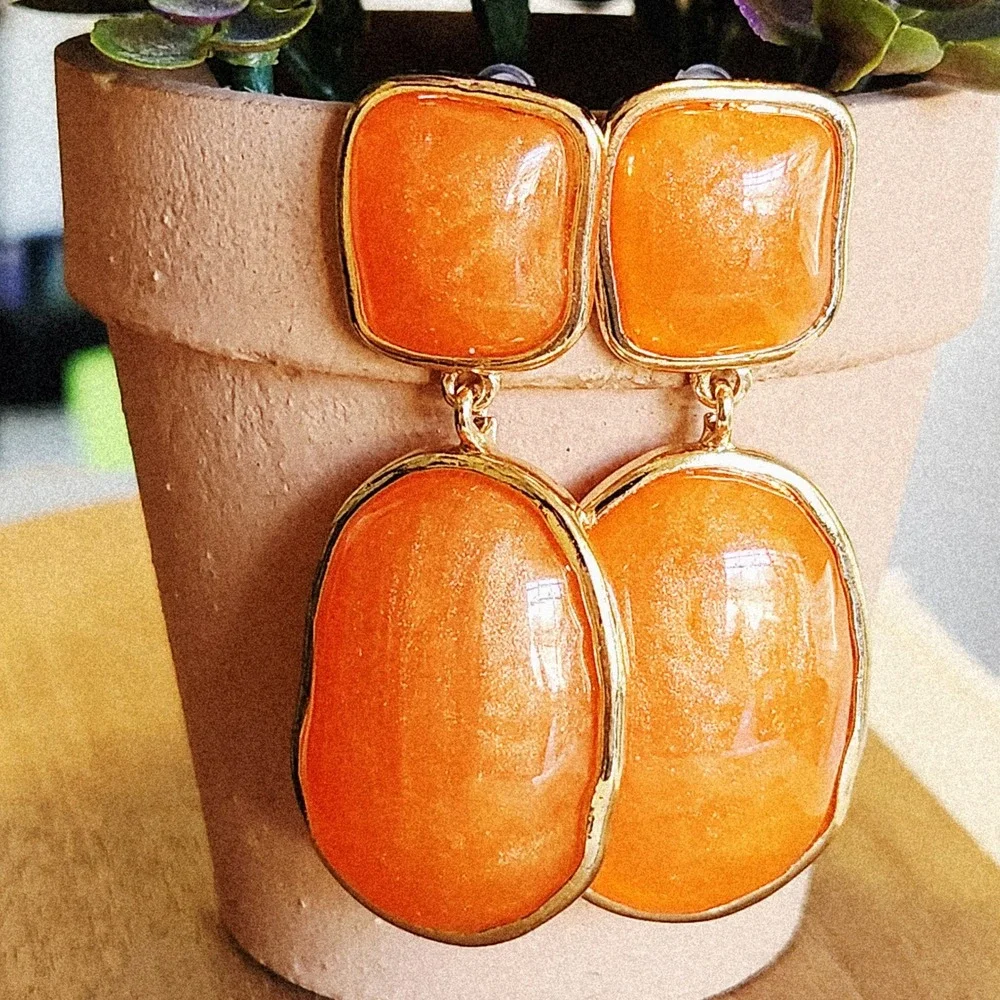 Orange Shimmer Resin Drop Earrings Gold Tone Geometric Statement Dangle 2.0